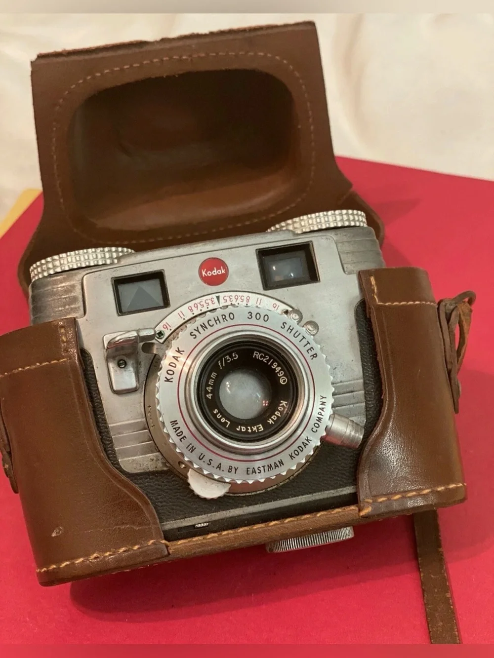 Vintage Kodak Signet 35 Camera with Brown Leather Case and Silver Metal Body